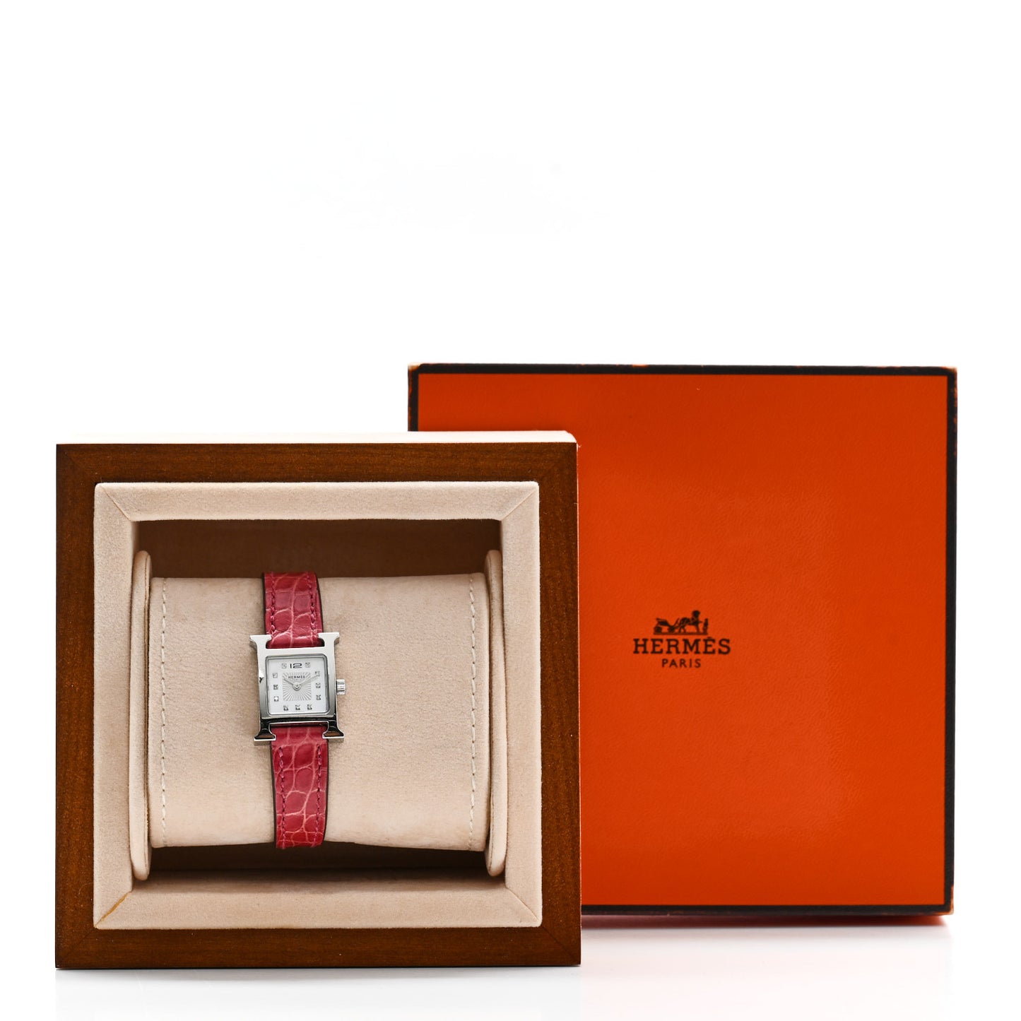 Stainless Steel Alligator Diamond Mother of Pearl 17.2mm Heure H Hour Quartz Watch Framboise