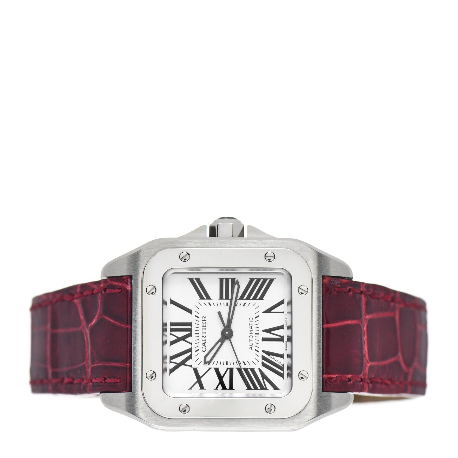 Cartier Stainless Steel Alligator 33mm Santos 100 Automatic Watch Red 2 of 5