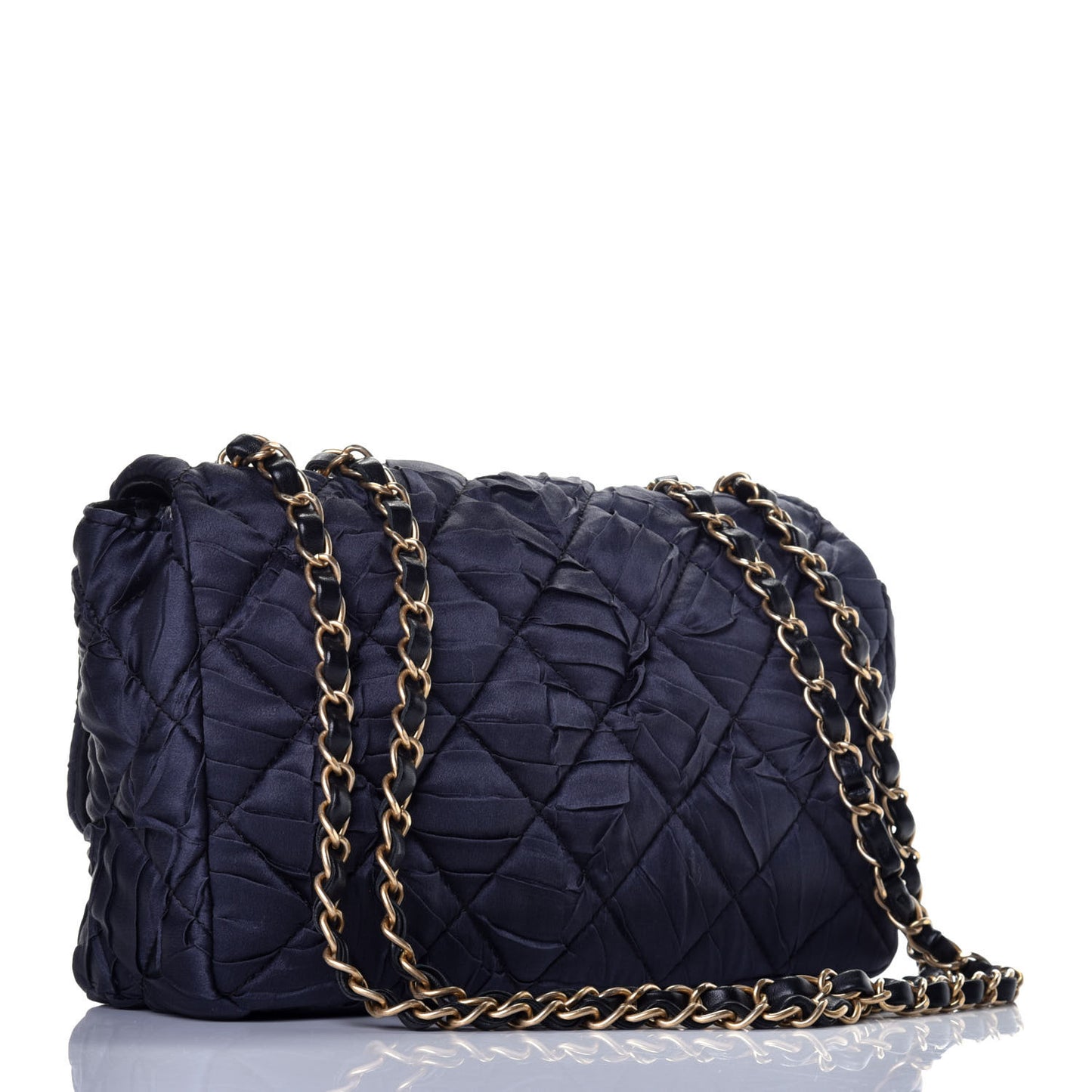 Satin Quilted Pleated Medium Single Flap Navy