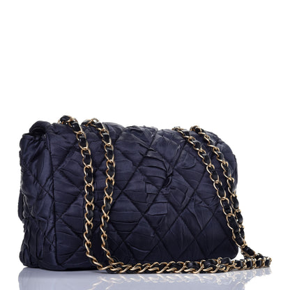 Chanel Satin Quilted Pleated Medium Single Flap Navy 3 of 10