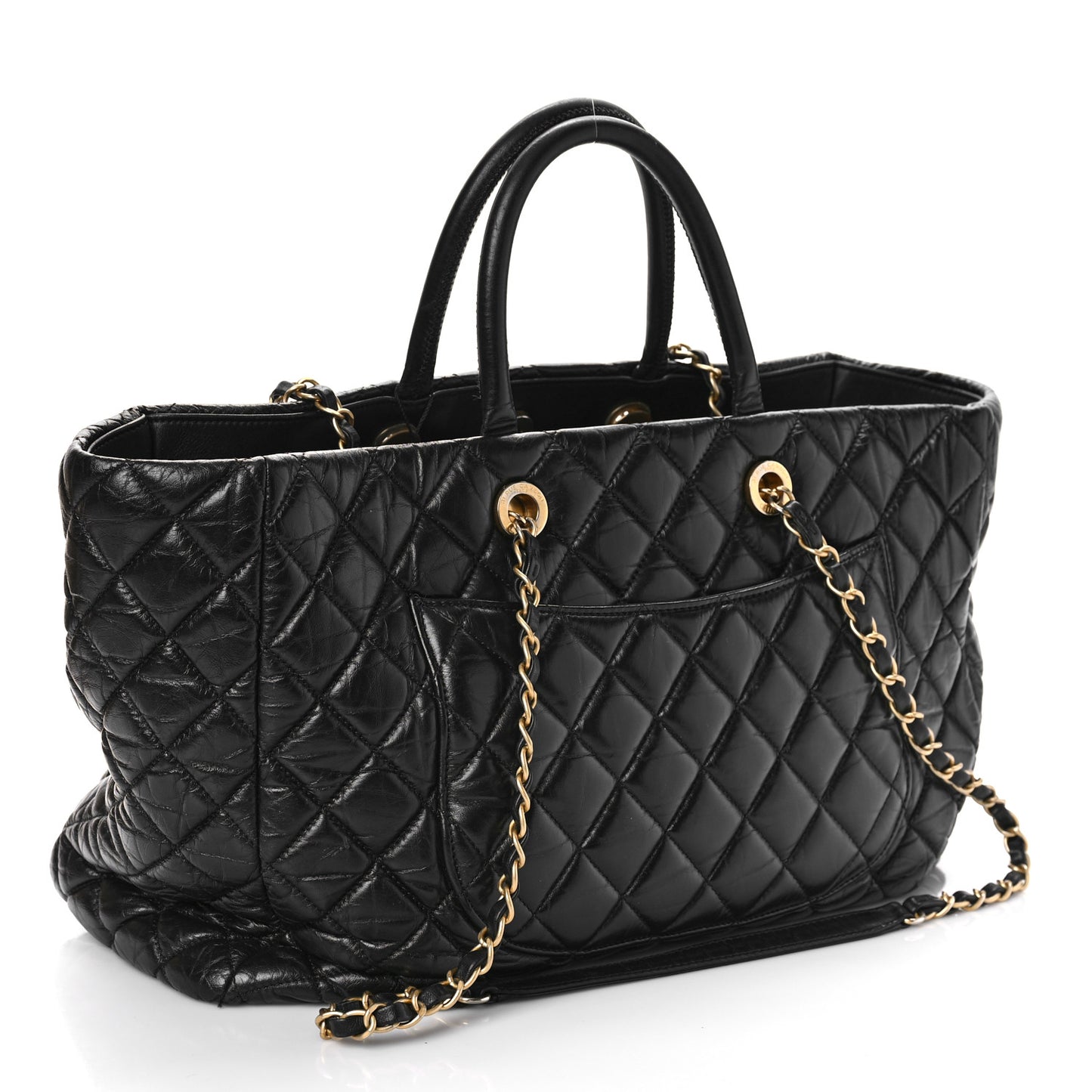Aged Calfskin Quilted Large Coco Handle Shopping Tote Black