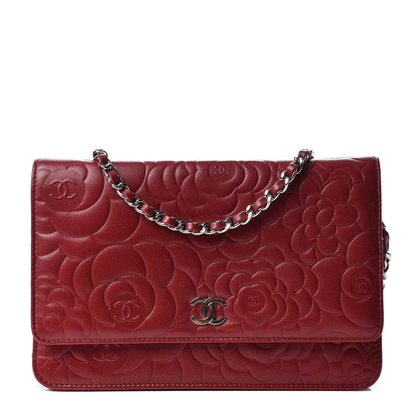 Lambskin Camellia Embossed Wallet On Chain WOC Red