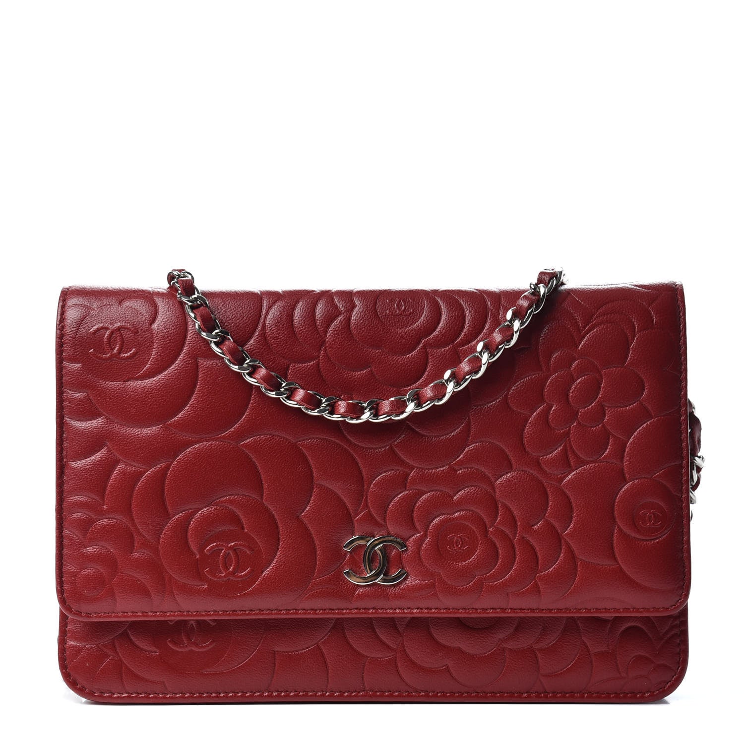 Chanel Lambskin Camellia Embossed Wallet On Chain WOC Red 1 of 9