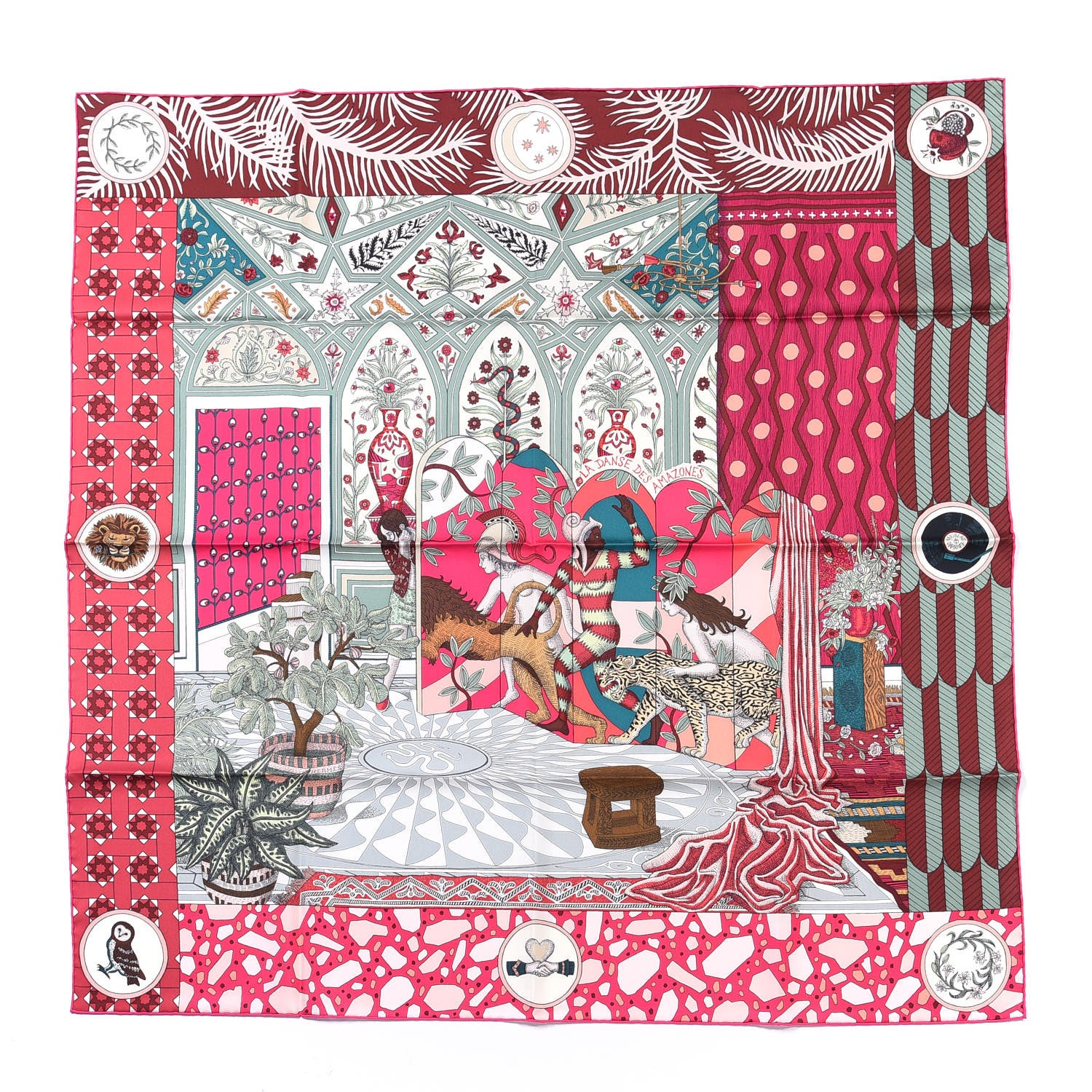 Hermes Silk La Danse Des Amazones Scarf 90 Fuchsia Vert White 1 of 4