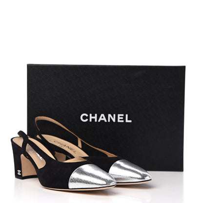 Chanel Kid Suede Metallic Lambskin Cap Toe CC Slingback Pumps 40 Black Silver 10 of 10