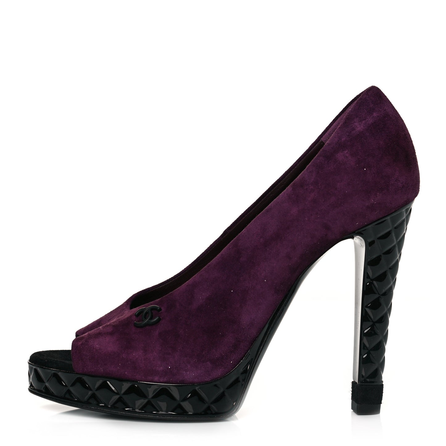 Suede Calfskin Patent Quilted CC Peep Toe Pumps 37.5 Purple