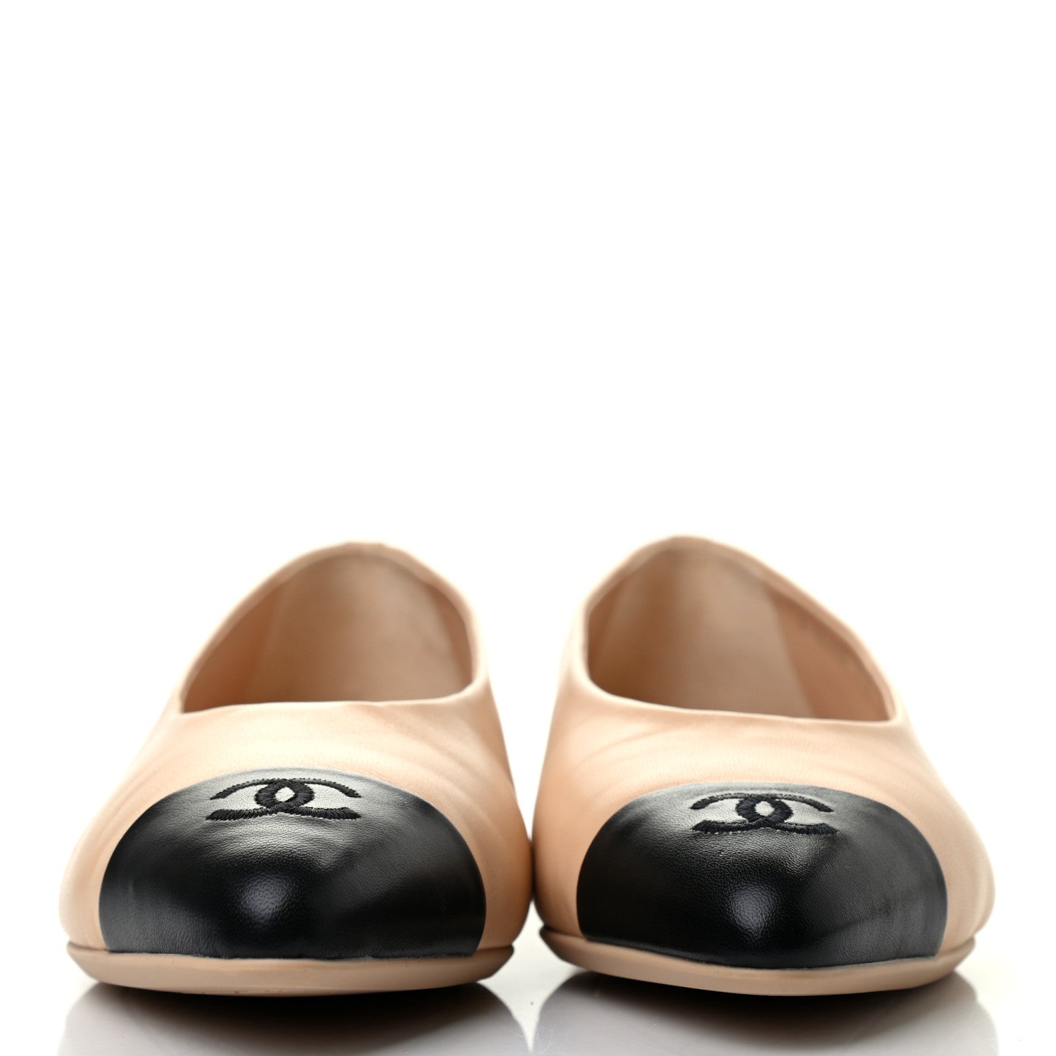 Chanel Lambskin Cap Toe CC Flats 37.5 Beige Black 2 of 6