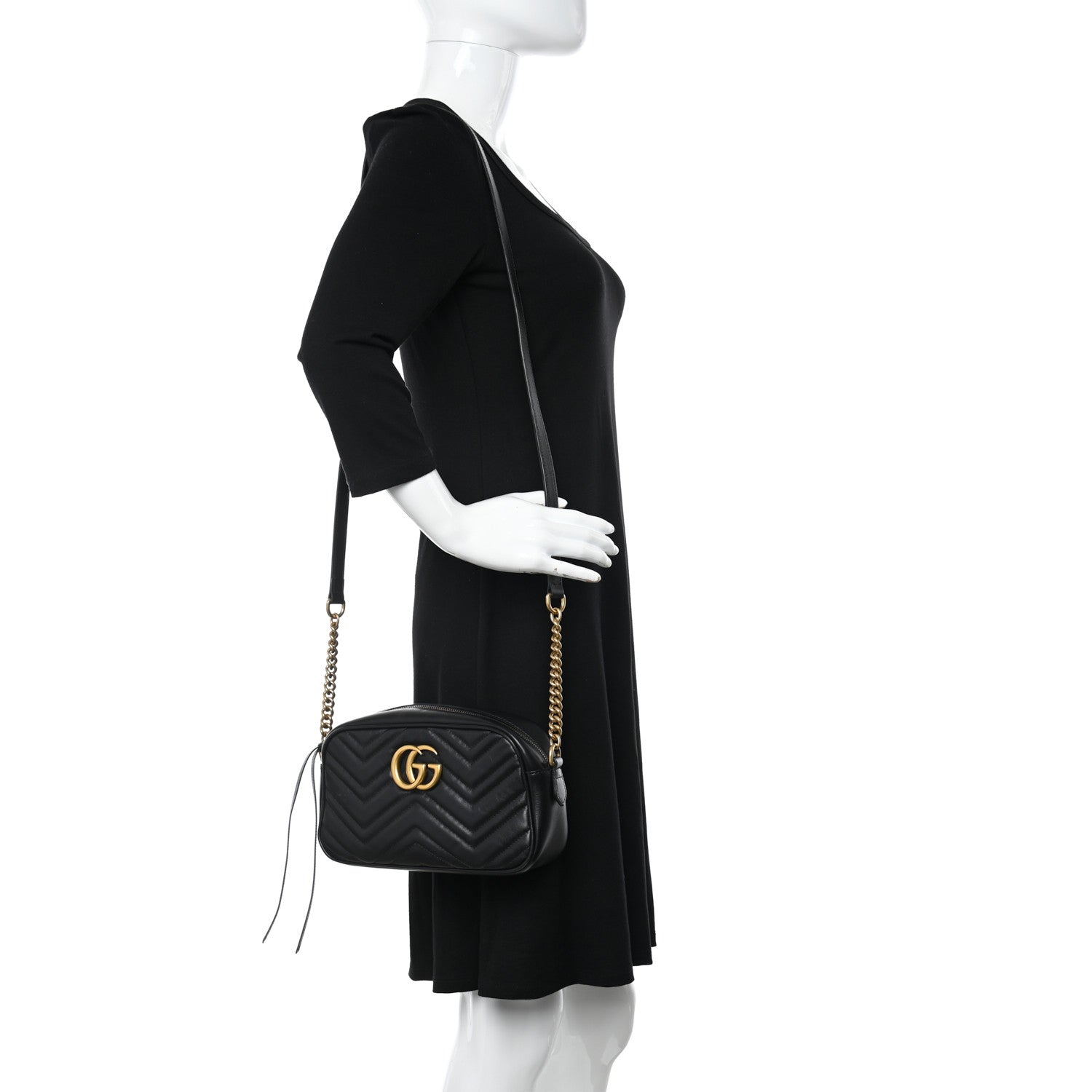 Gucci Calfskin Matelasse Small GG Marmont Chain Shoulder Bag Black 2 of 11