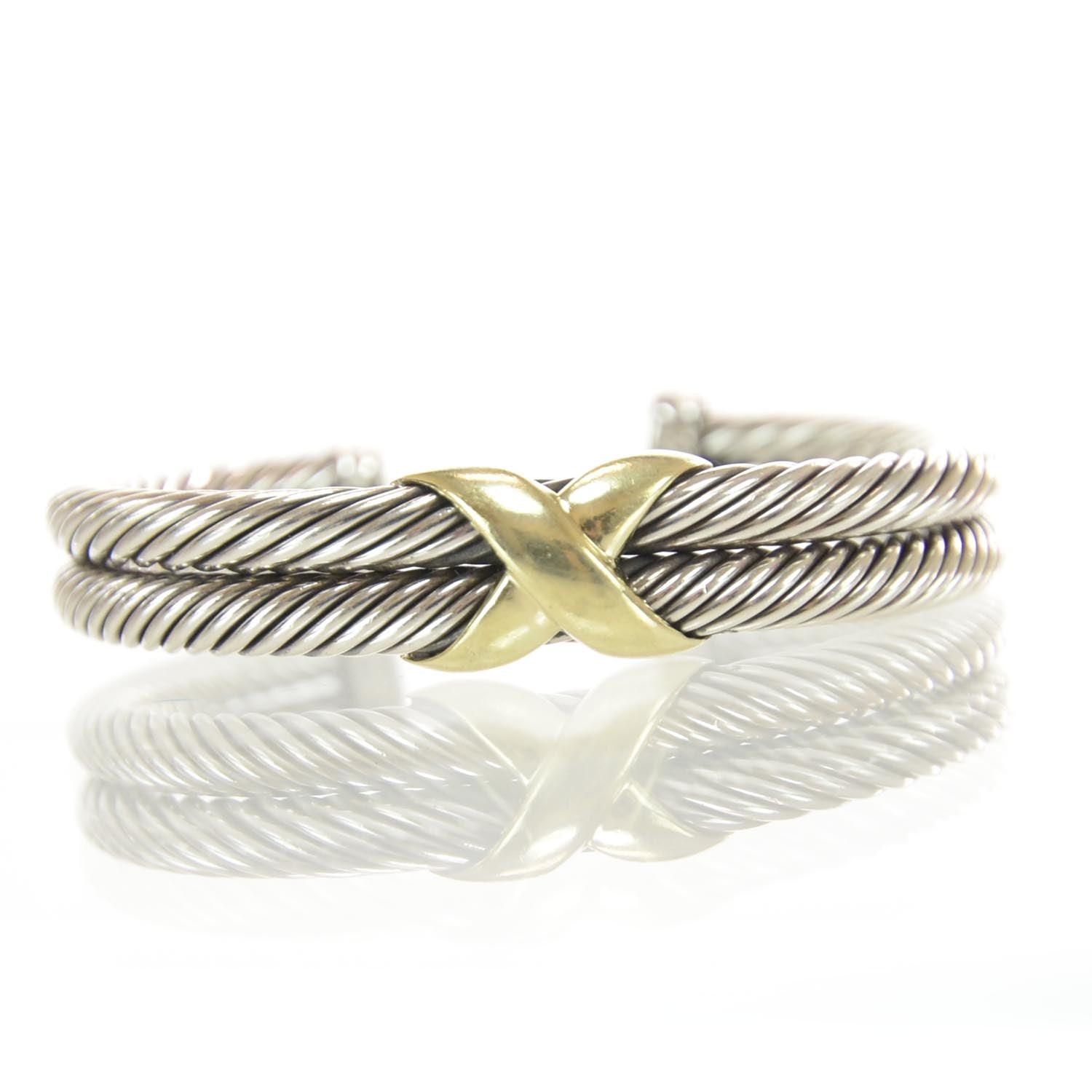 David Yurman Sterling Silver 14K Yellow Gold 10mm X Double Cable Bracelet 1 of 7