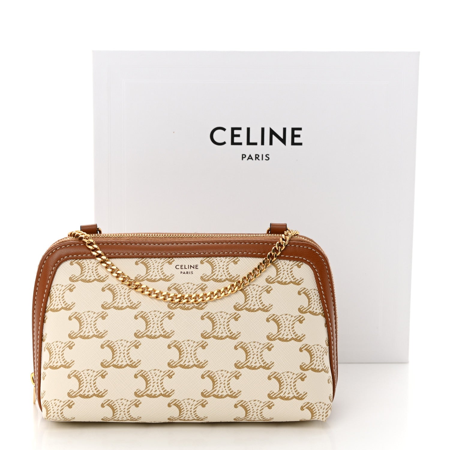 Celine Lambskin Triomphe Canvas Clutch With Chain White Tan 13 of 13