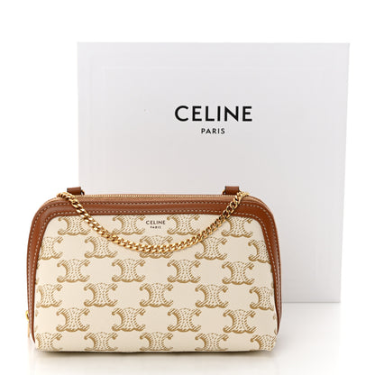 Celine Lambskin Triomphe Canvas Clutch With Chain White Tan 13 of 13