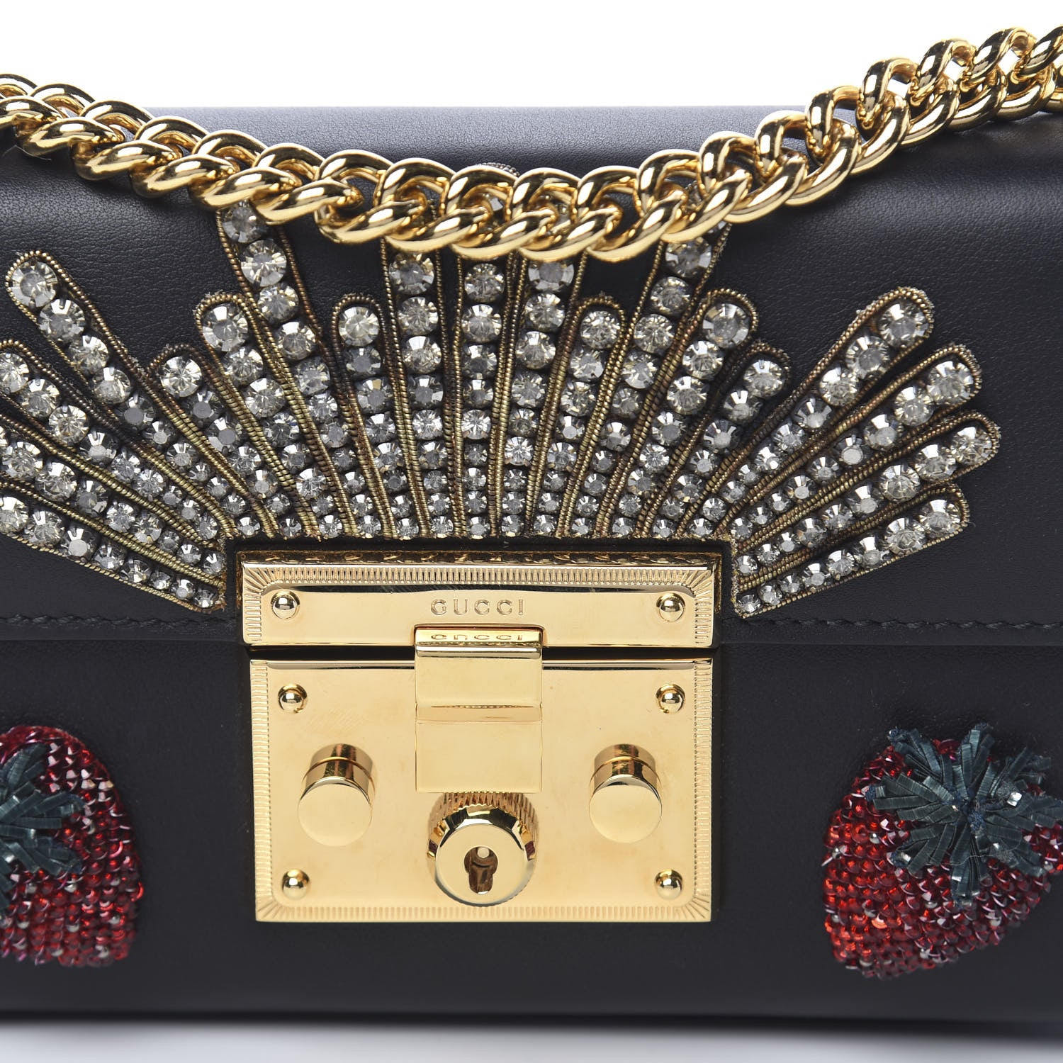 Gucci Calfskin Strawberry Embroidered Small Padlock Shoulder Bag Black 11 of 11
