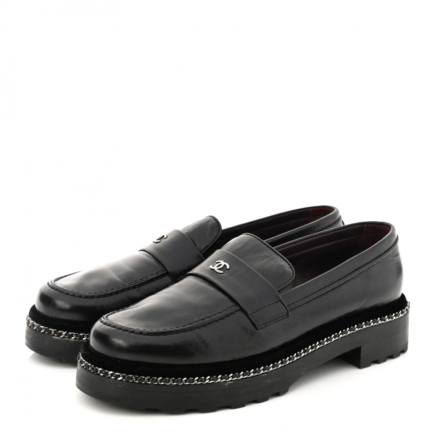 Crinkled Calfskin Velvet CC Chain Mocassin Loafers 38.5 Black