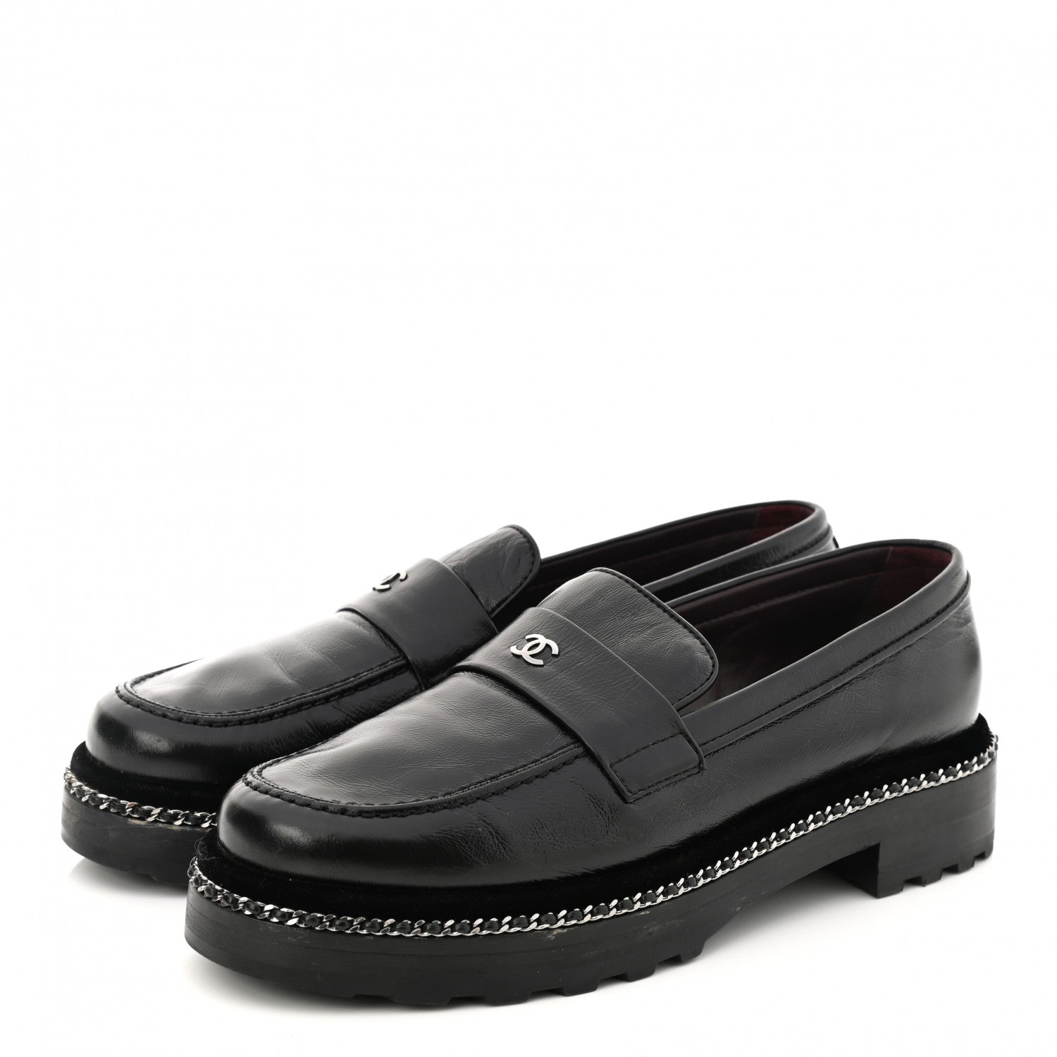Chanel Crinkled Calfskin Velvet CC Chain Mocassin Loafers 38.5 Black 3 of 10