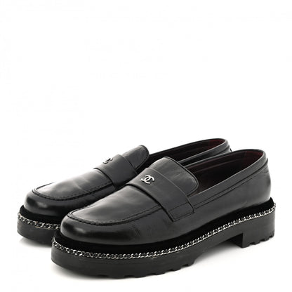 Chanel Crinkled Calfskin Velvet CC Chain Mocassin Loafers 38.5 Black 3 of 10
