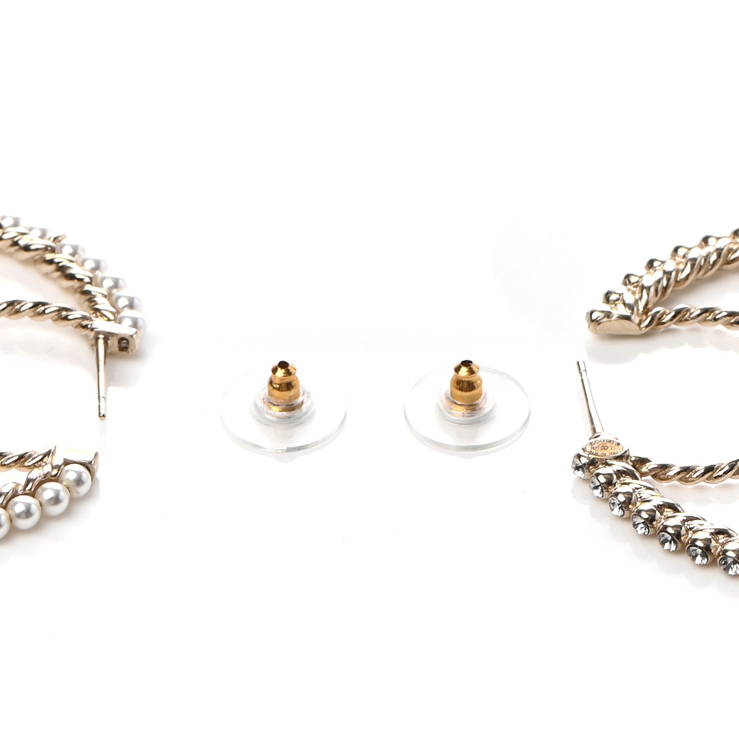 Crystal Pearl CC Drop Hoop Earrings Gold Pearly White