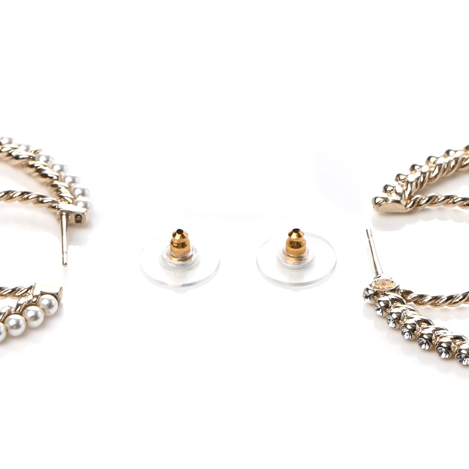 Chanel Crystal Pearl CC Drop Hoop Earrings Gold Pearly White 3 of 5