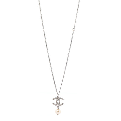 Chanel Crystal Pearl Twisted CC Drop Necklace Silver 1 of 6
