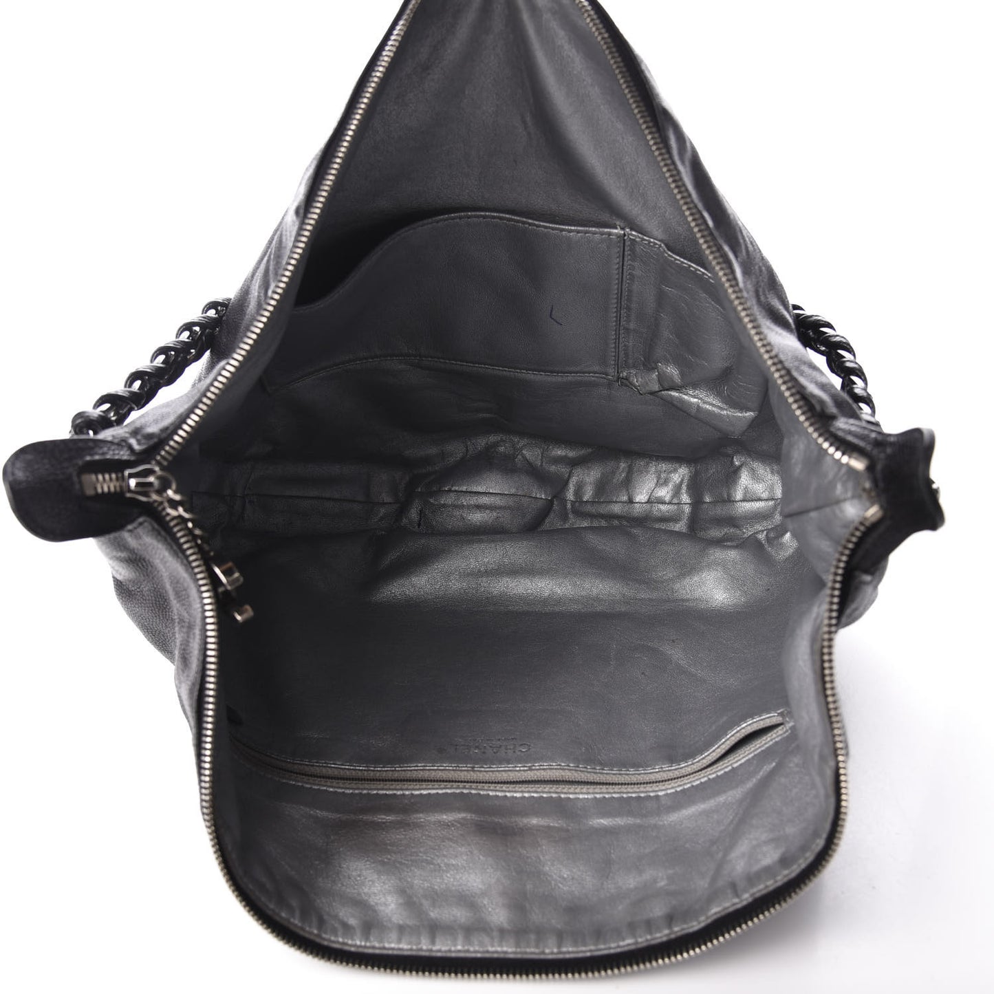 Glazed Caviar Modern Chain Hobo Black