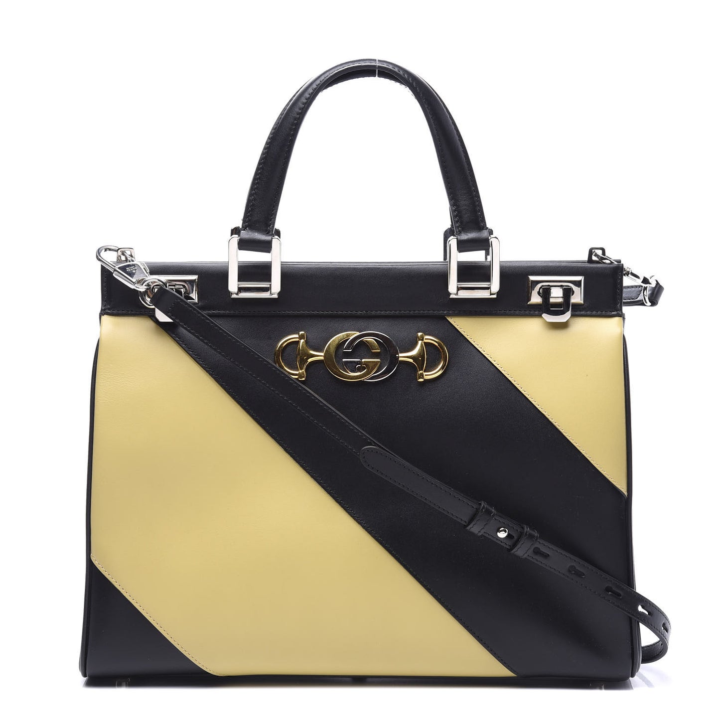 Smooth Calfskin Diagonal Striped Medium Zumi Top Handle Bag Black Beige