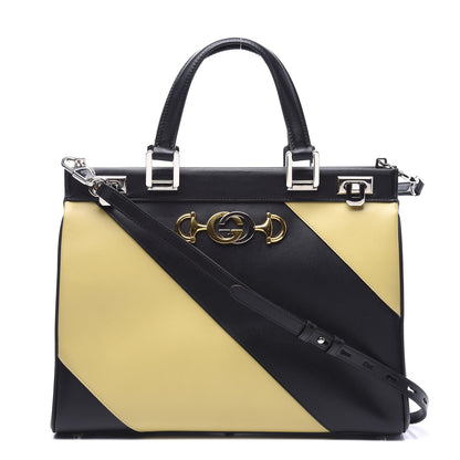 Gucci Smooth Calfskin Diagonal Striped Medium Zumi Top Handle Bag Black Beige 1 of 9
