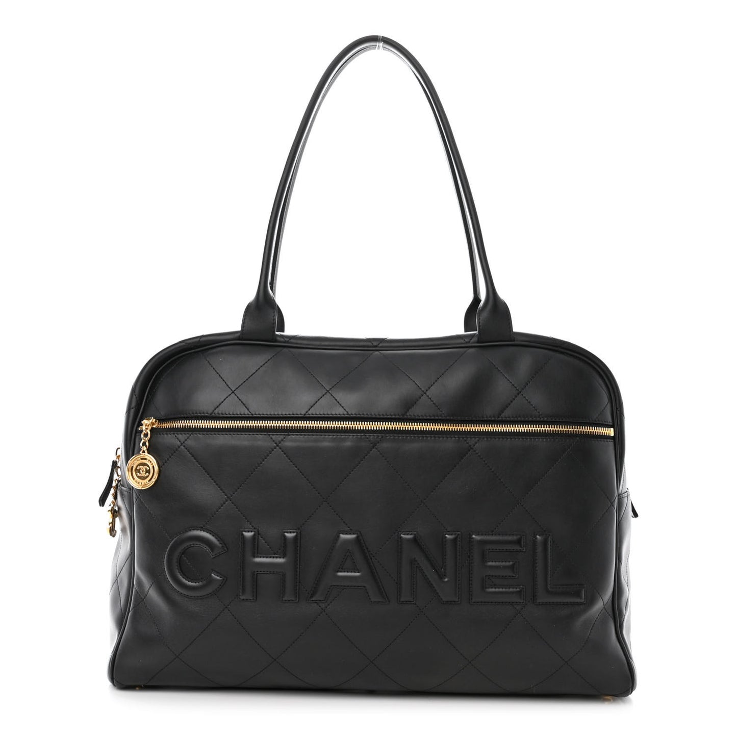 Calfskin Stitched Maxi Logo Bowling Bag Black