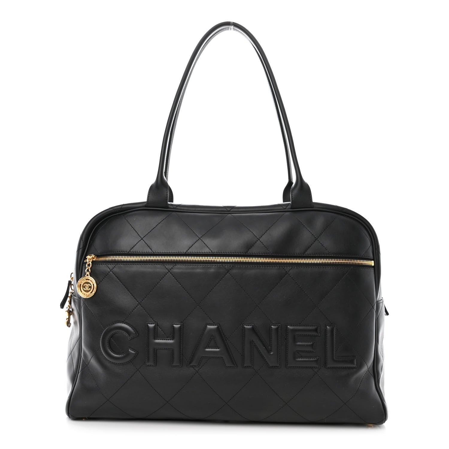 Chanel Calfskin Stitched Maxi Logo Bowling Bag Black 1 of 10