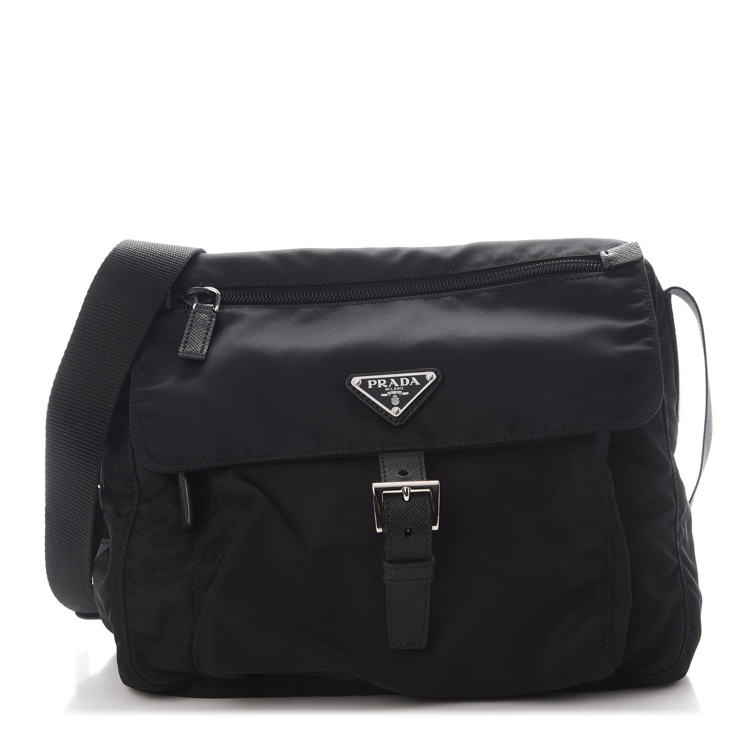 Prada Nylon Vela Saffiano Single Buckle Messenger Shoulder Bag Black 1 of 9