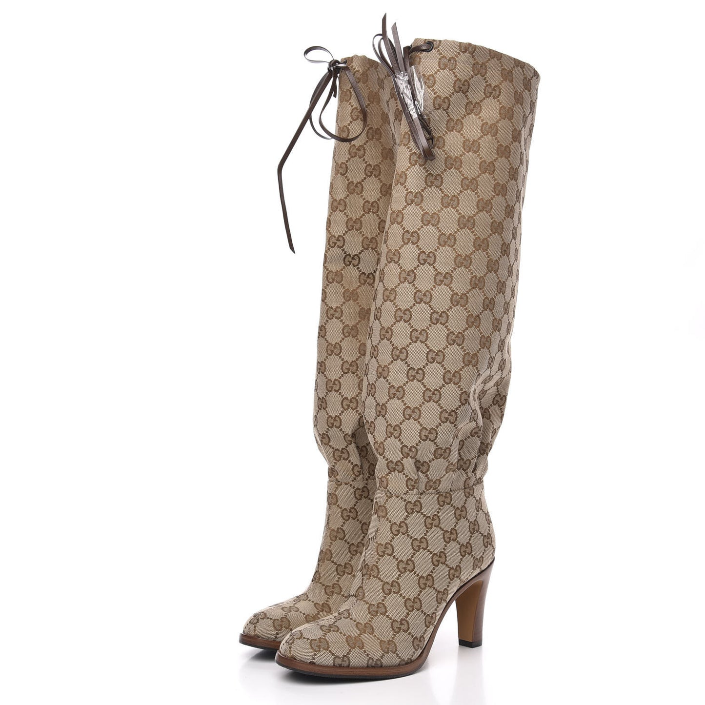 Monogram Malaga Kid Lisa Mid Heel Boots 36 Beige Ebony