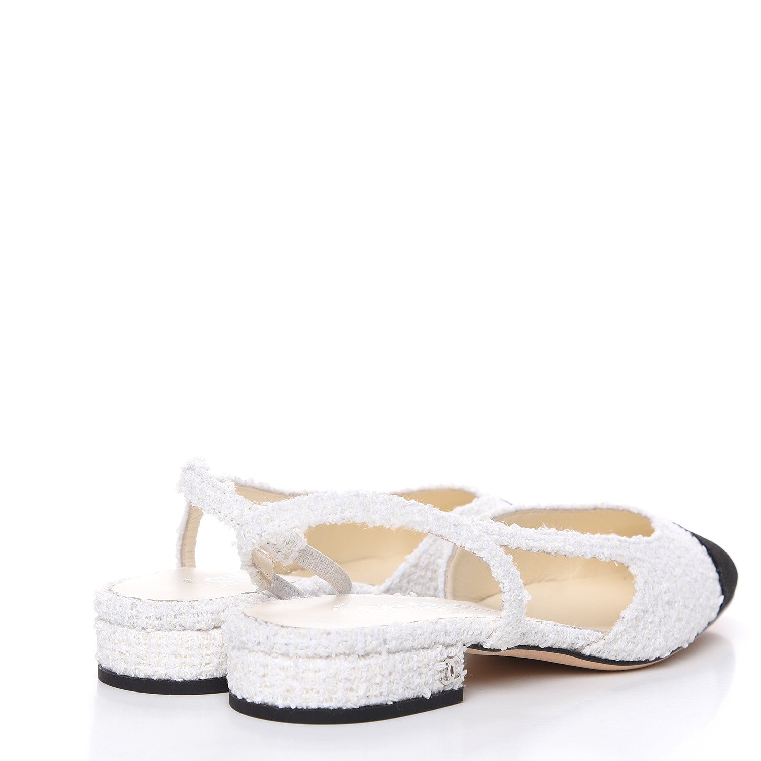 Chanel Tweed Cap Toe CC Slingback Flat 37 White Black 4 of 9