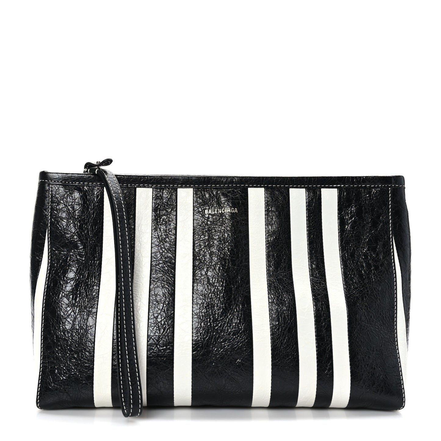 Agneau Arena Striped Patchwork Large Barbes Z Pouch with Handle Black White