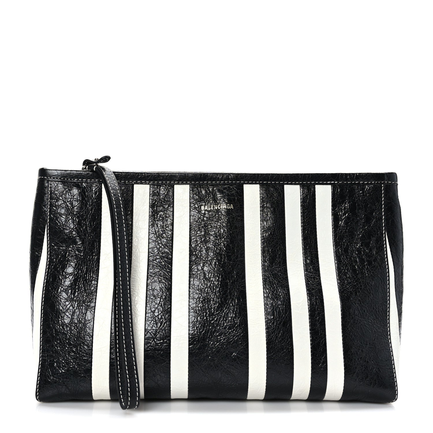 Balenciaga Agneau Arena Striped Patchwork Large Barbes Z Pouch with Handle Black White 1 of 8