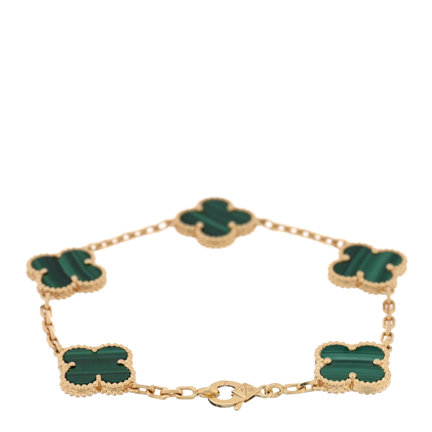 18K Yellow Gold Malachite 5 Motifs Vintage Alhambra Bracelet