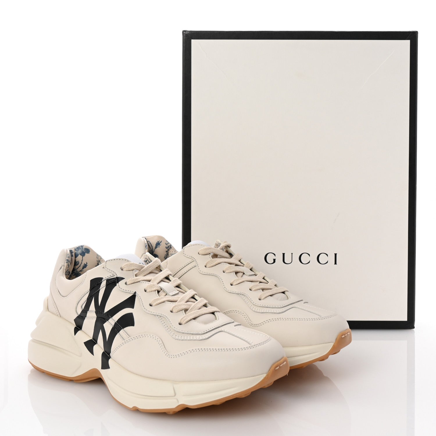GUCCI ホワイト ライトン　ヤンキースコラボNYロゴ 27cm 美品 Gucci X MLB Calfskin NY Yankees Mens Rhyton Sneakers 7.5 Mystic