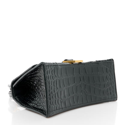 Balenciaga Shiny Calfskin Crocodile Embossed Small Hourglass Top Handle Bag Black 4 of 13