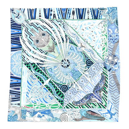 Hermes Cashmere Silk Kawa Ora Shawl 140 Ciel Bleu Jean Vert 1 of 6