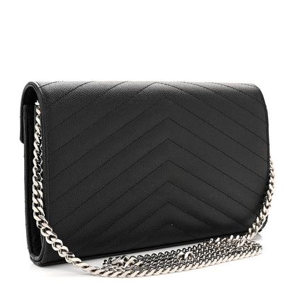 Saint Laurent Grain De Poudre Matelasse Chevron Monogram Chain Wallet Black 3 of 15