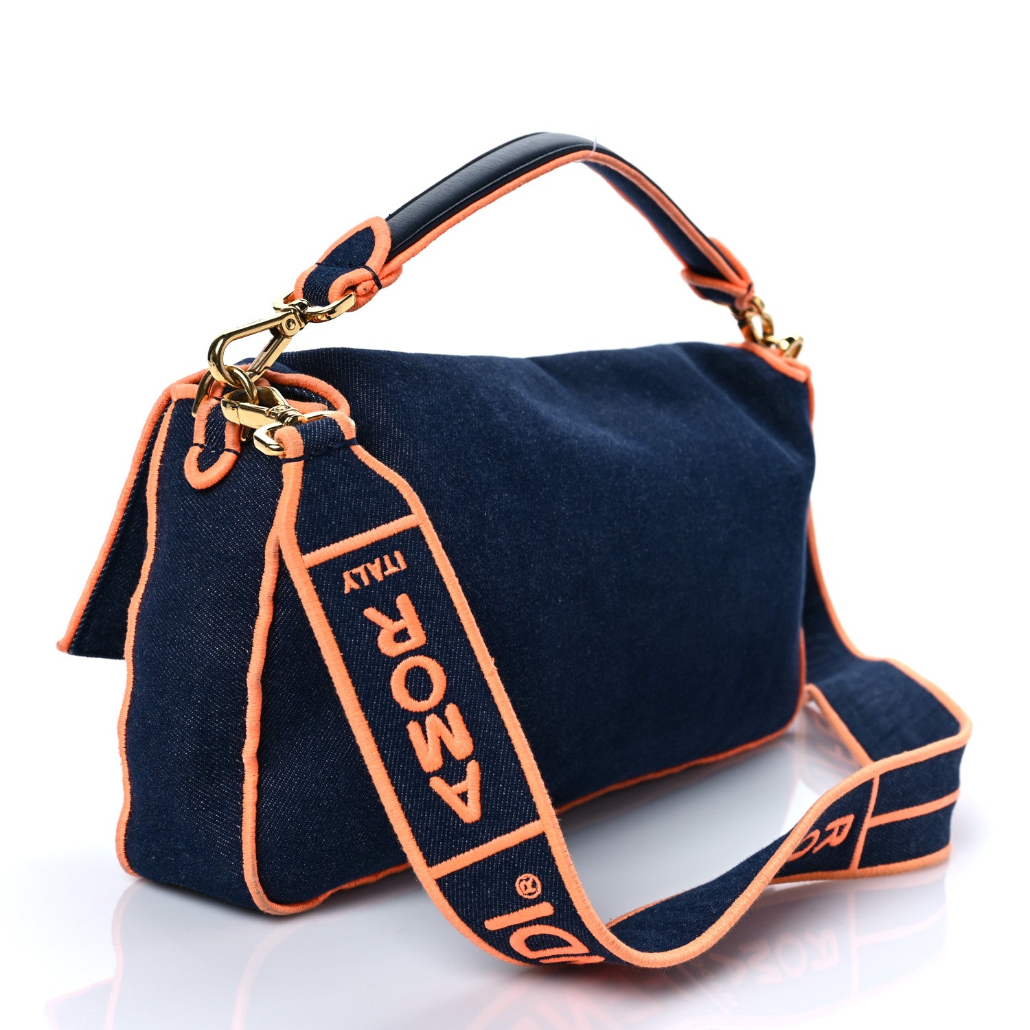 Fendi Denim Large Baguette Blue Arancio Fluo 3 of 16