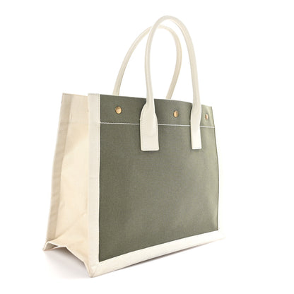 Saint Laurent Linen Calfskin Small Rive Gauche Tote Military Green Blanc Vintage 3 of 12