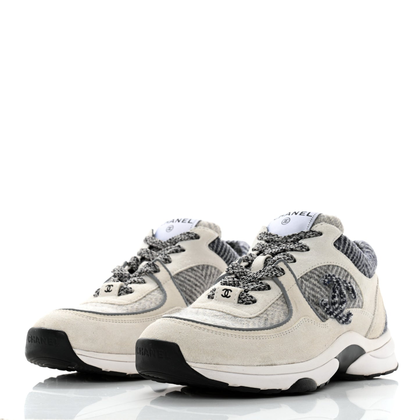 Fabric Suede Calfskin Womens CC Sneakers 36.5 Ivory Light Gray White