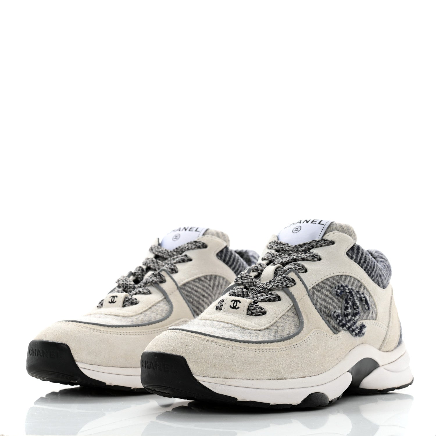Chanel Fabric Suede Calfskin Womens CC Sneakers 36.5 Ivory Light Gray White 3 of 11