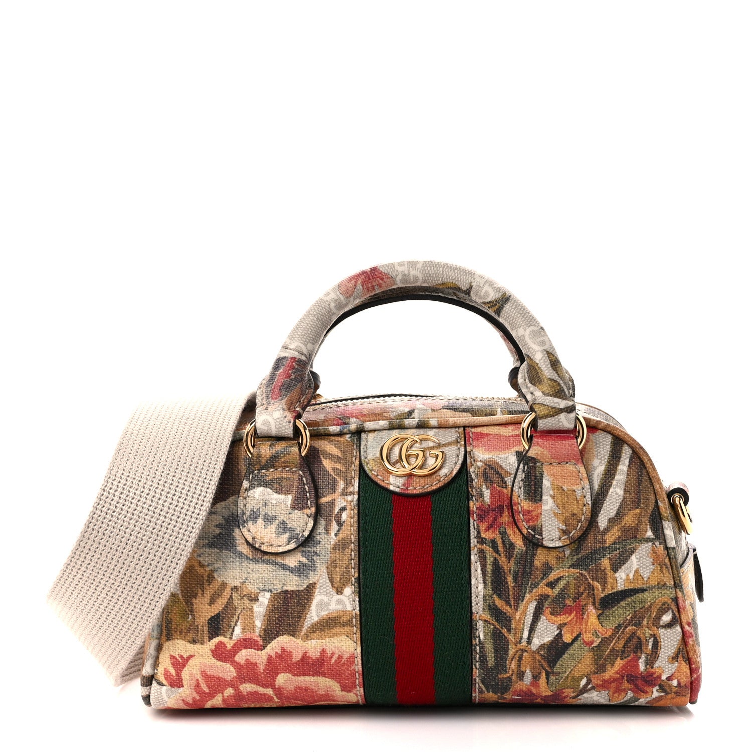 Gucci GG Supreme Monogram Water Flora Web Mini Ophidia Top Handle Bowler Bag Beige White Multicolor 1 of 11