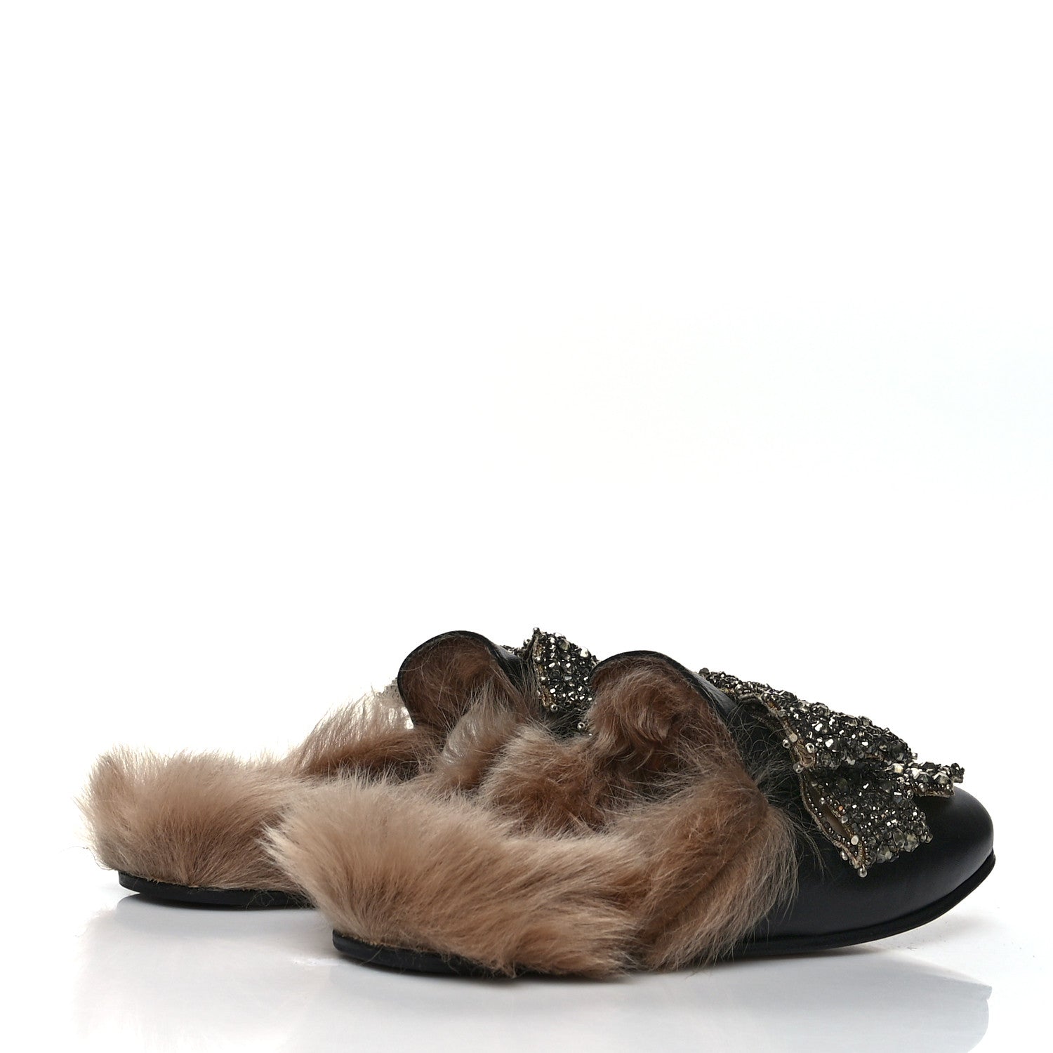 Gucci Malaga Kid Fur Crystal Bow Embroidered Womens Princetown Slippers 38.5 Black 3 of 7