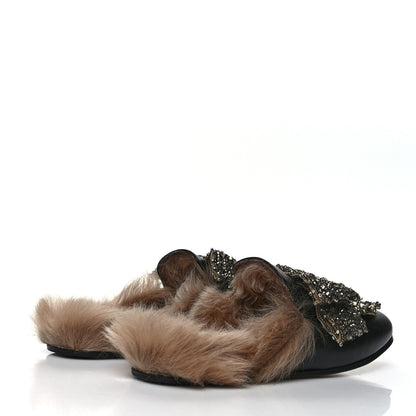Gucci Malaga Kid Fur Crystal Bow Embroidered Womens Princetown Slippers 38.5 Black 3 of 7
