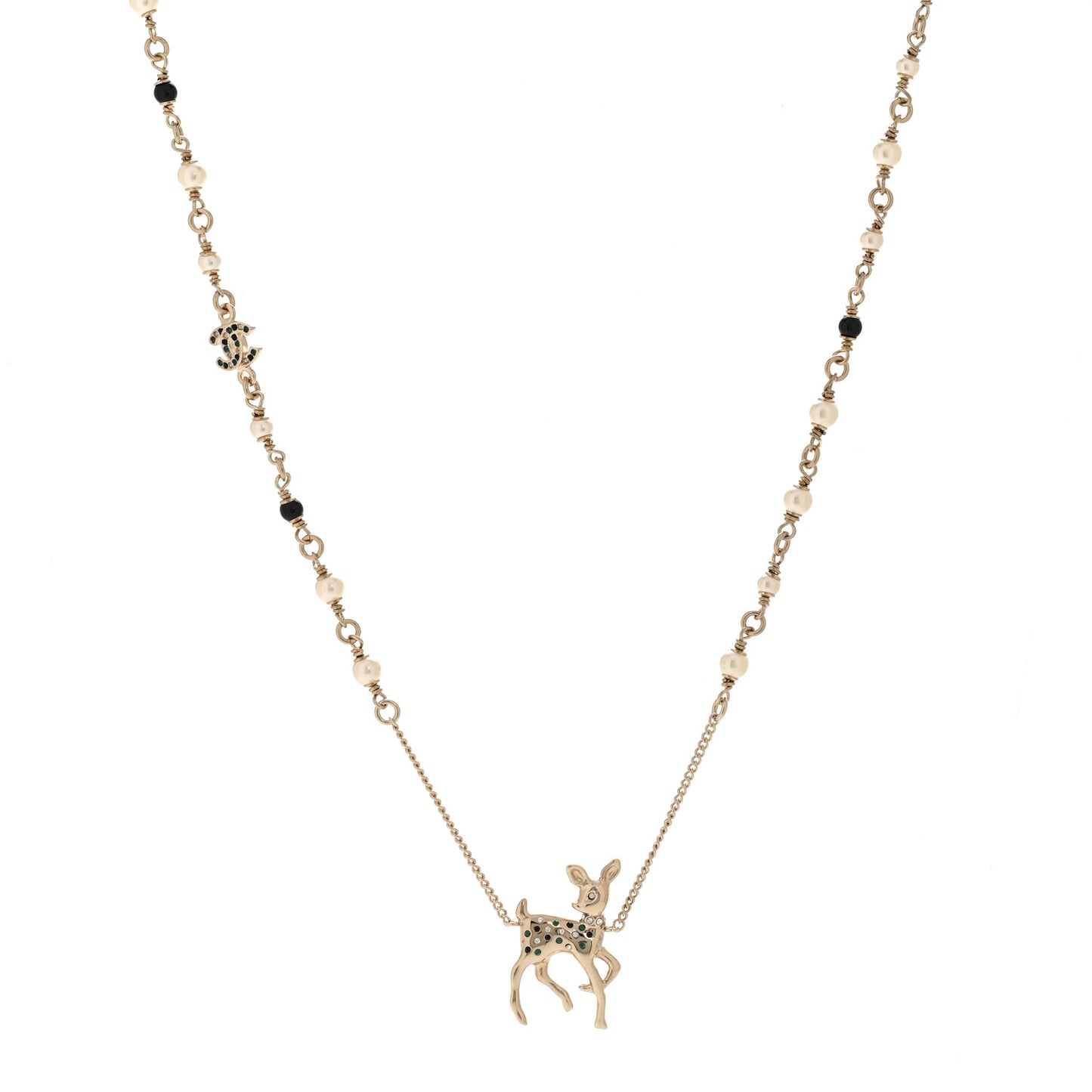 Pearl Crystal CC Deer Long Necklace Gold Green