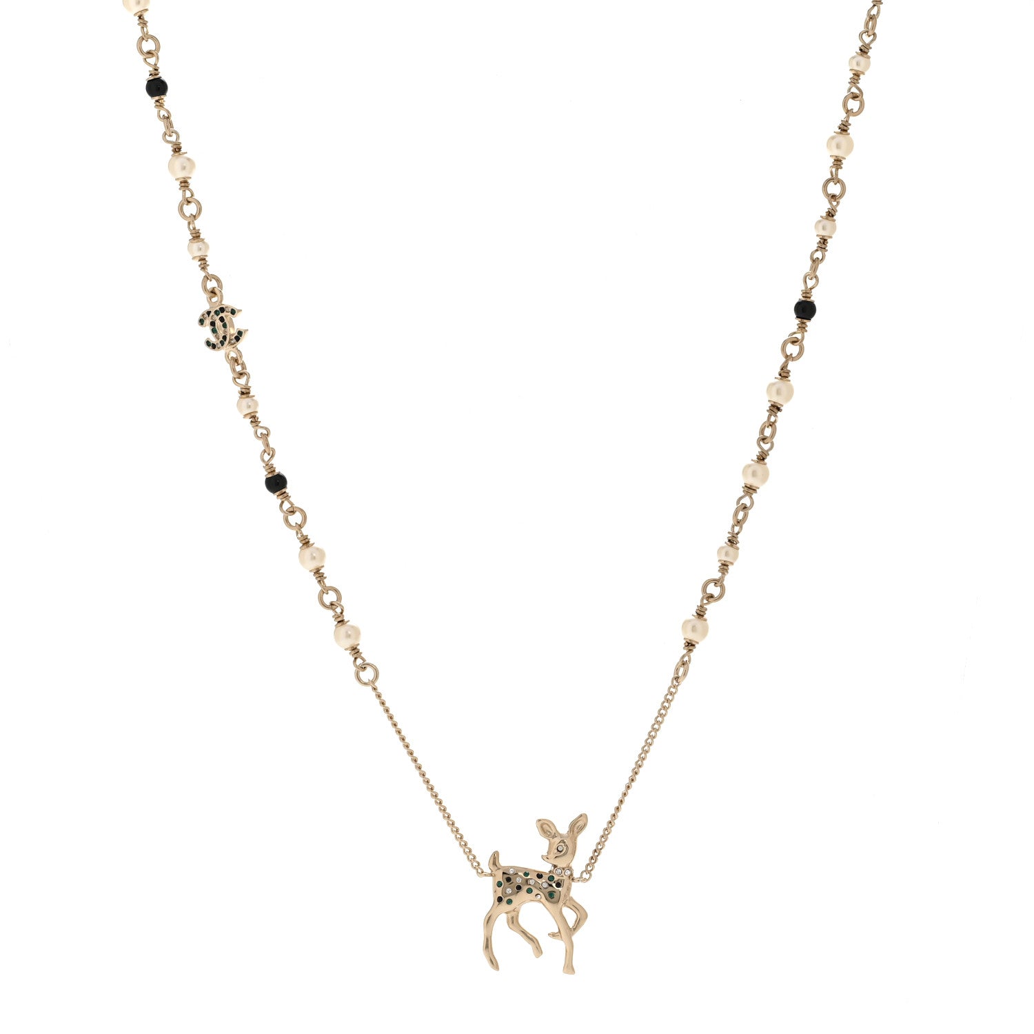 Chanel Pearl Crystal CC Deer Long Necklace Gold Green 1 of 6
