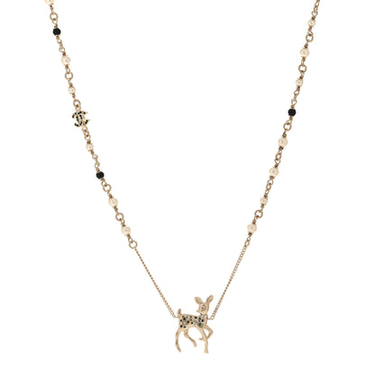 Chanel Pearl Crystal CC Deer Long Necklace Gold Green 1 of 6