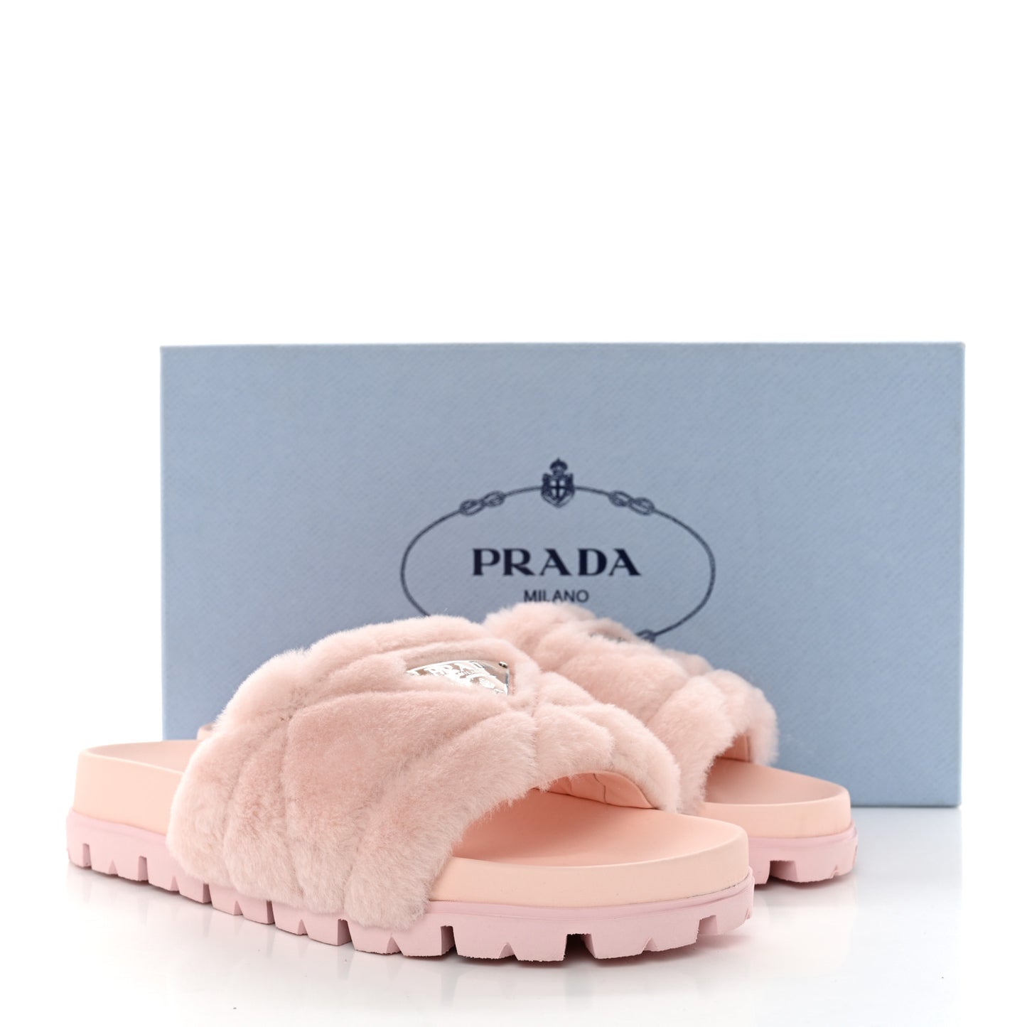 Shearling Metal Triangle Logo Lug Sole 20mm Slide Sandals 35.5 Orchidea
