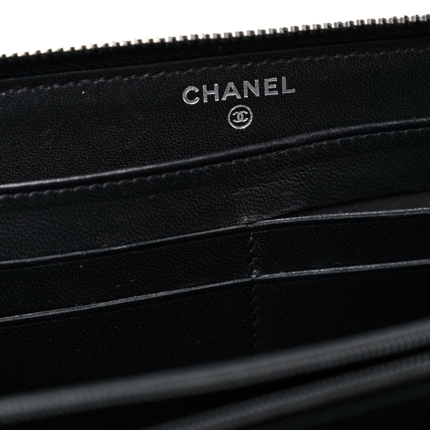 Lambskin Camellia Embossed Large Zip Around Gusset Wallet Black White