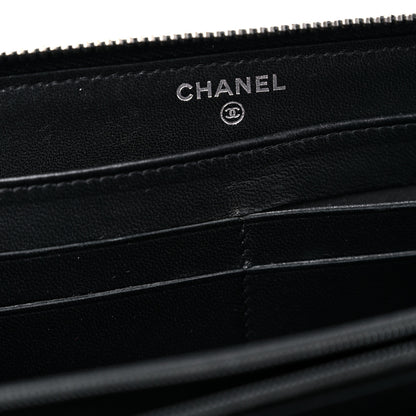 Chanel Lambskin Camellia Embossed Large Zip Around Gusset Wallet Black White 13 of 18